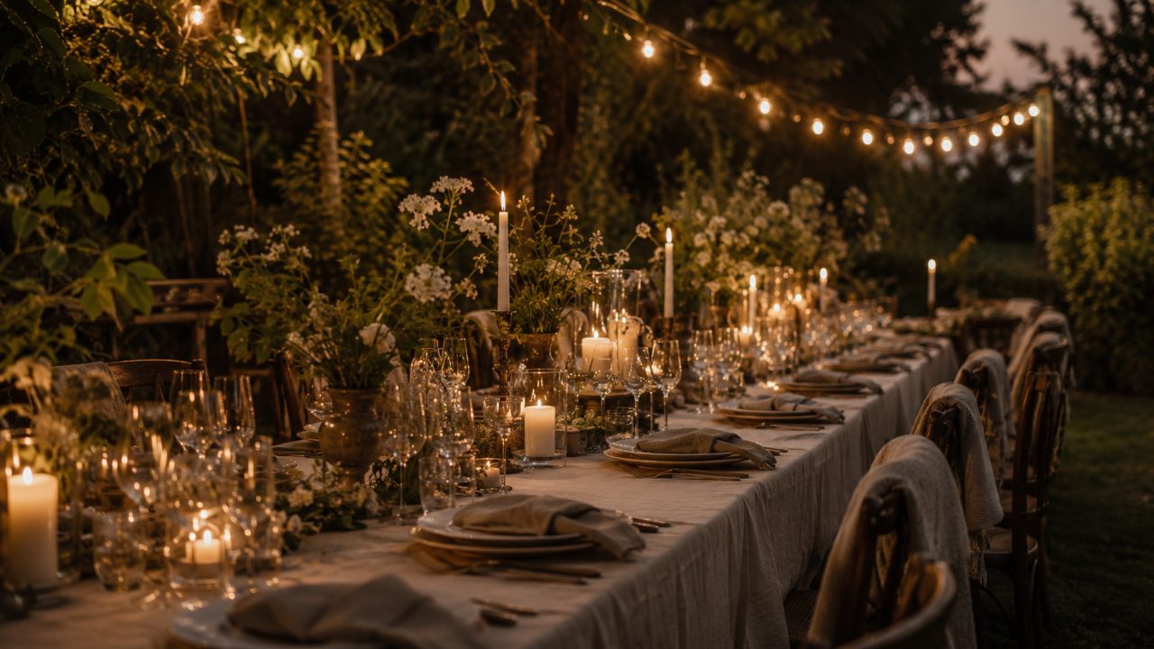 The Garden Table — a long candle-lit table outdoors at dusk, set among greenery under warm string lights.