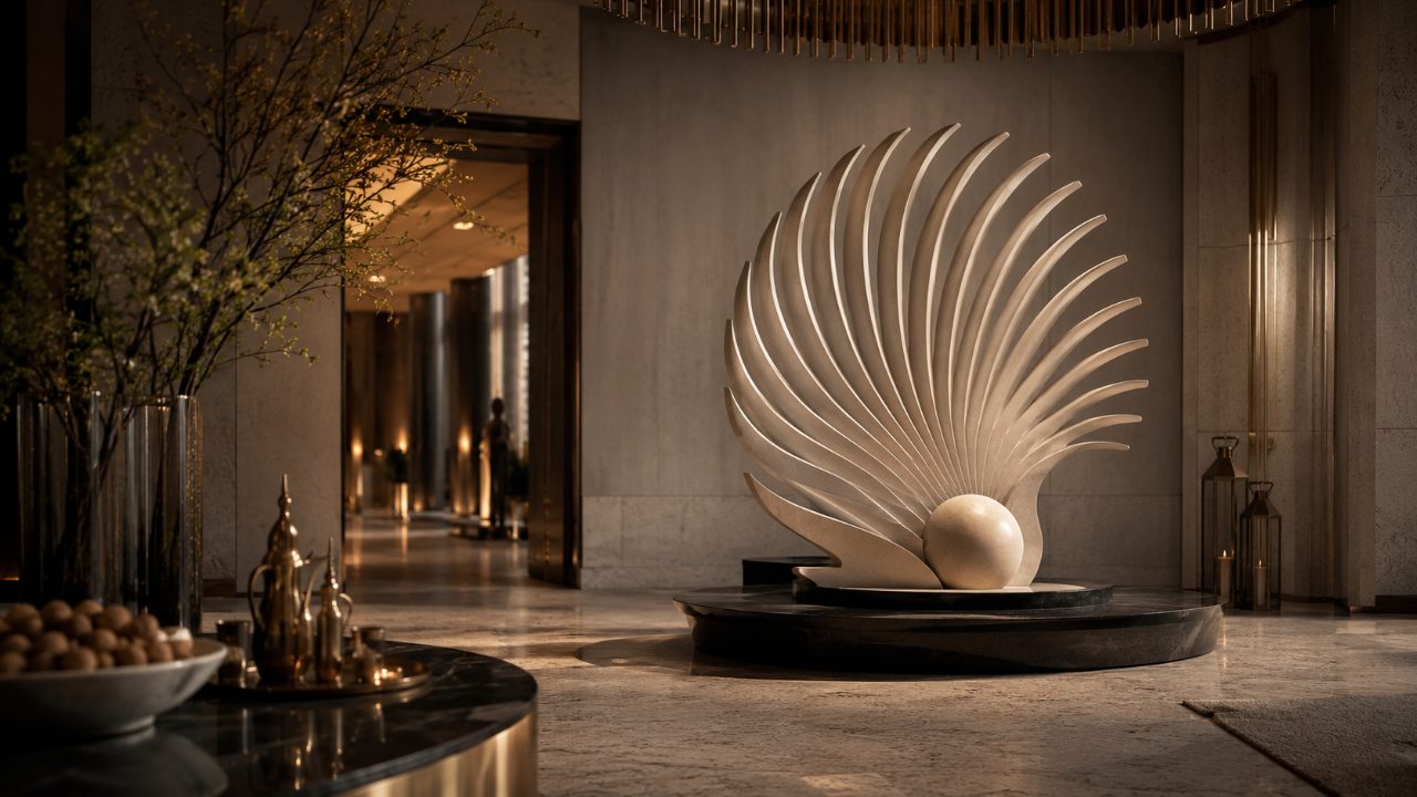The Welcome — a sculptural stone palm-frond reception centrepiece in a softly lit contemporary Abu Dhabi lobby.
