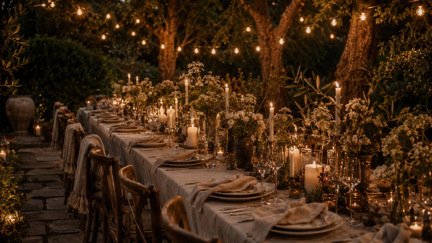 The Garden Table — a long outdoor table under string lights at dusk, set with candles, wild flowers and linen among the trees.