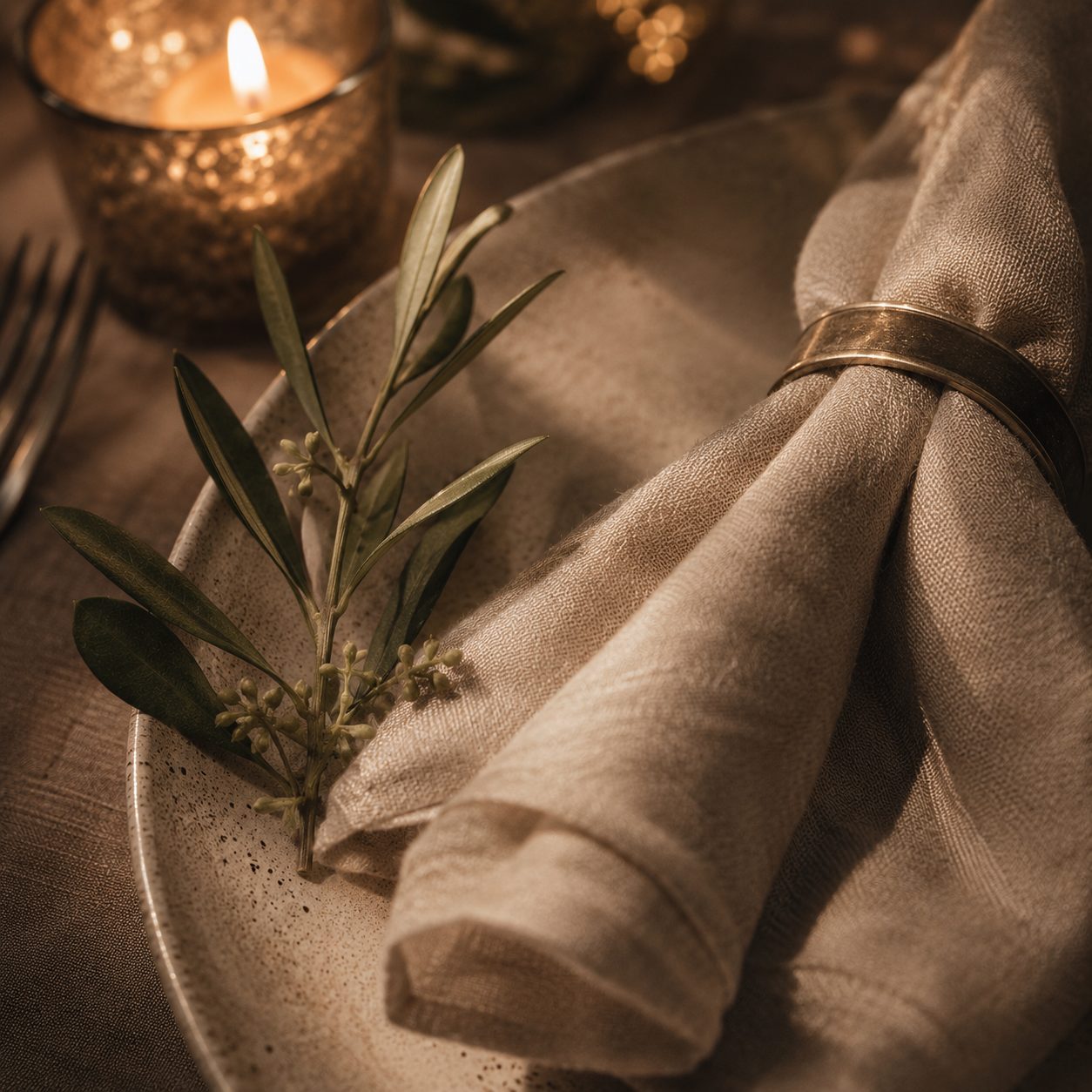 Quiet Celebration — a speckled stoneware plate with a folded linen napkin, a brass ring and an olive sprig beside a lit candle.