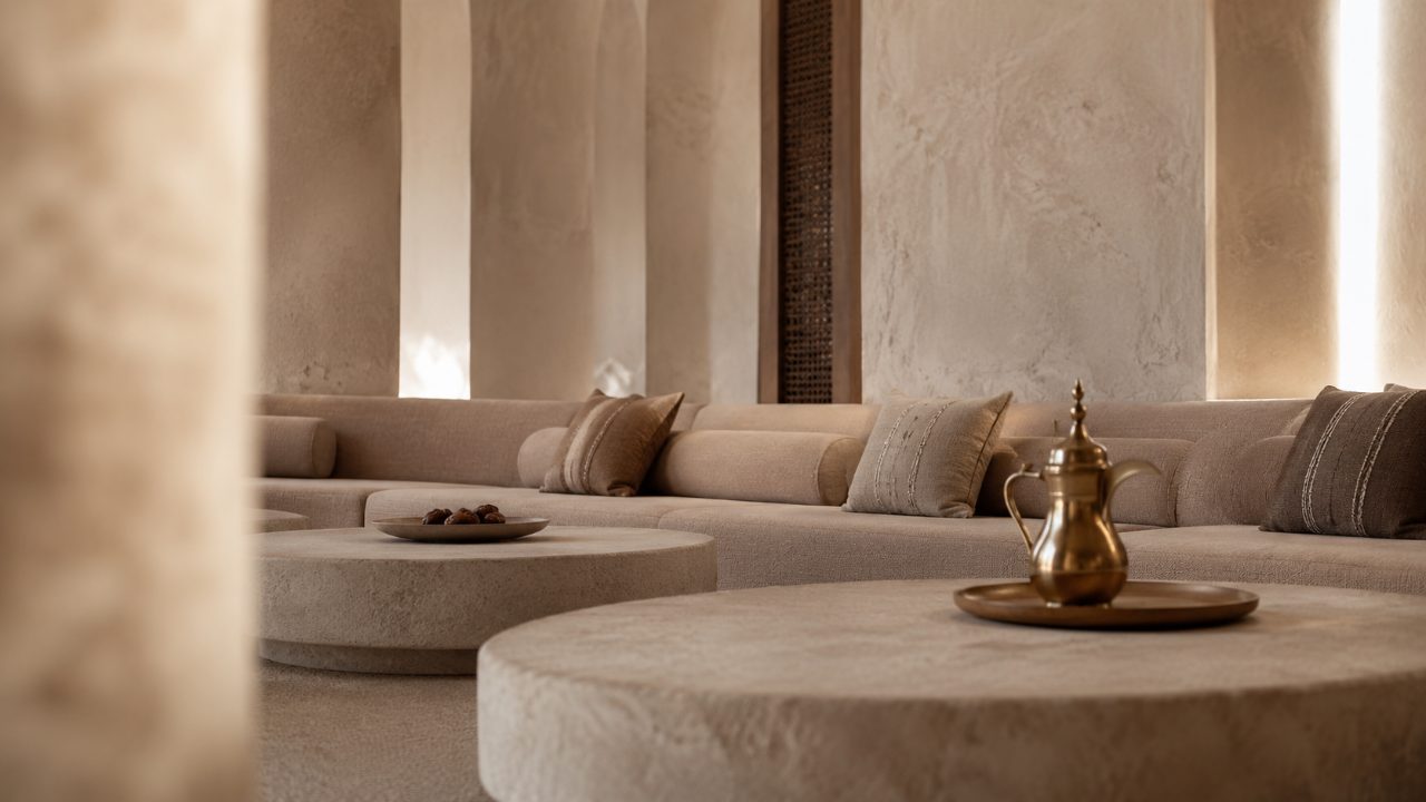 A contemporary majlis at dusk — a low brass dallah and dates on a stone table, linen seating in warm light.